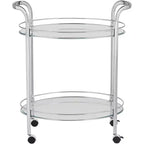 Chariot de service de bar à 2 niveaux en acier chromé moderne Studio 55D Carli, ovale, 66 x 46 cm, argent, avec roulettes et étagères en verre transparent pour salon
