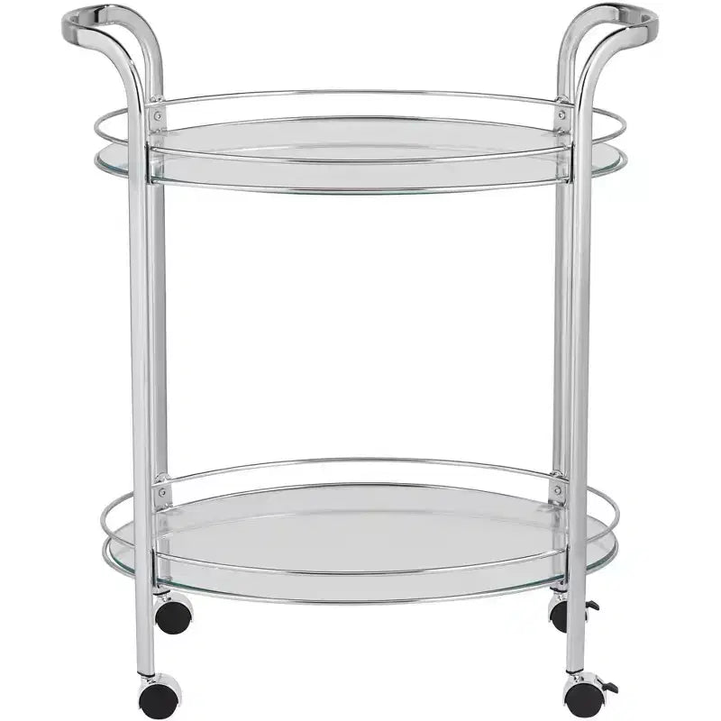 Chariot de service de bar à 2 niveaux en acier chromé moderne Studio 55D Carli, ovale, 66 x 46 cm, argent, avec roulettes et étagères en verre transparent pour salon