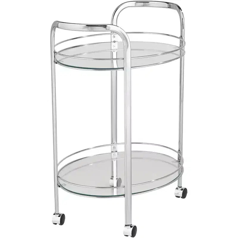 Chariot de service de bar à 2 niveaux en acier chromé moderne Studio 55D Carli, ovale, 66 x 46 cm, argent, avec roulettes et étagères en verre transparent pour salon