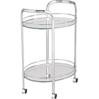 Chariot de service de bar à 2 niveaux en acier chromé moderne Studio 55D Carli, ovale, 66 x 46 cm, argent, avec roulettes et étagères en verre transparent pour salon