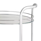 Chariot de service de bar à 2 niveaux en acier chromé moderne Studio 55D Carli, ovale, 66 x 46 cm, argent, avec roulettes et étagères en verre transparent pour salon