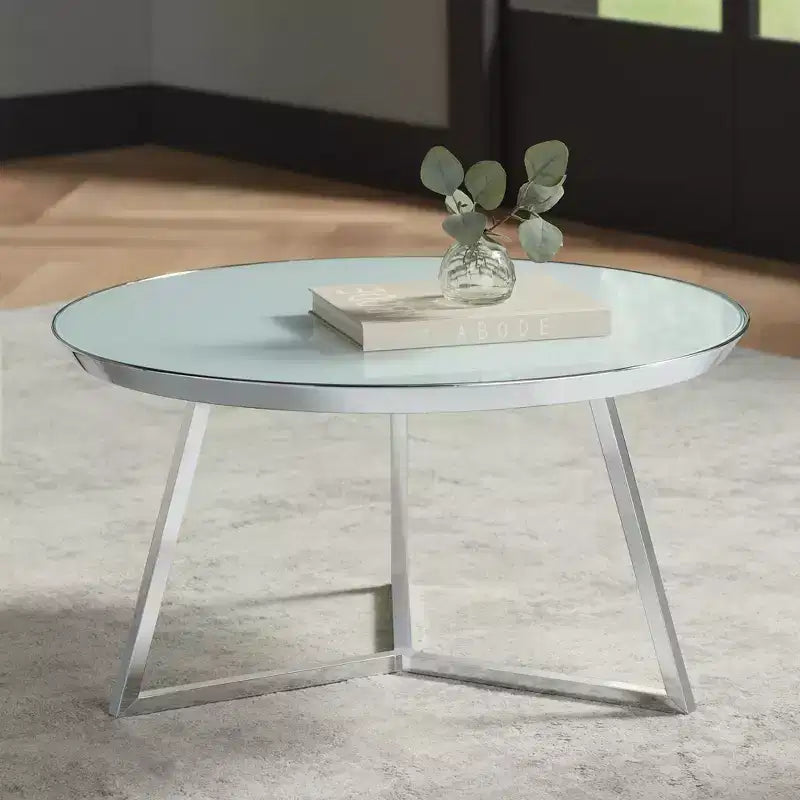 Table basse ronde Studio 55D Luciana moderne en métal chromé de 29 3/4 po de large avec plateau en verre argenté et blanc pour salon, chambre à coucher, chevet