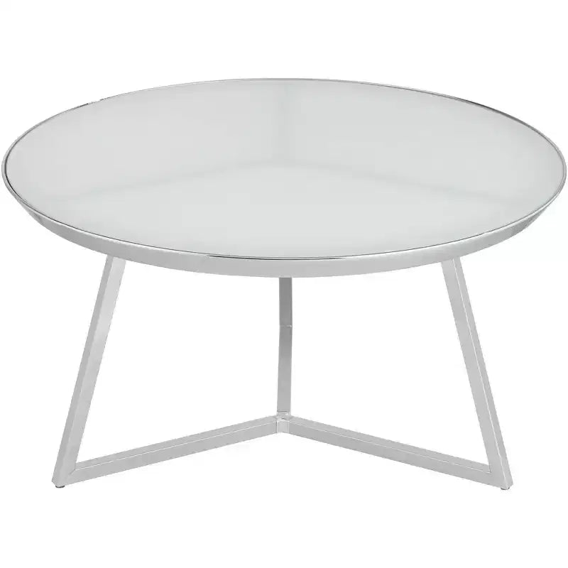 Table basse ronde Studio 55D Luciana moderne en métal chromé de 29 3/4 po de large avec plateau en verre argenté et blanc pour salon, chambre à coucher, chevet