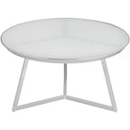 Table basse ronde Studio 55D Luciana moderne en métal chromé de 29 3/4 po de large avec plateau en verre argenté et blanc pour salon, chambre à coucher, chevet