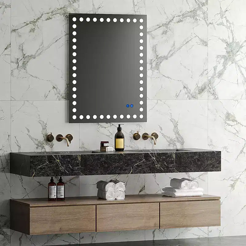 Miroir de salle de bain avec 3 lumières circulaires frontales blanches, miroir rectangulaire avec interrupteur tactile dimmable, anti-buée, mémoire, miroir mural de courtoisie incassable blanc