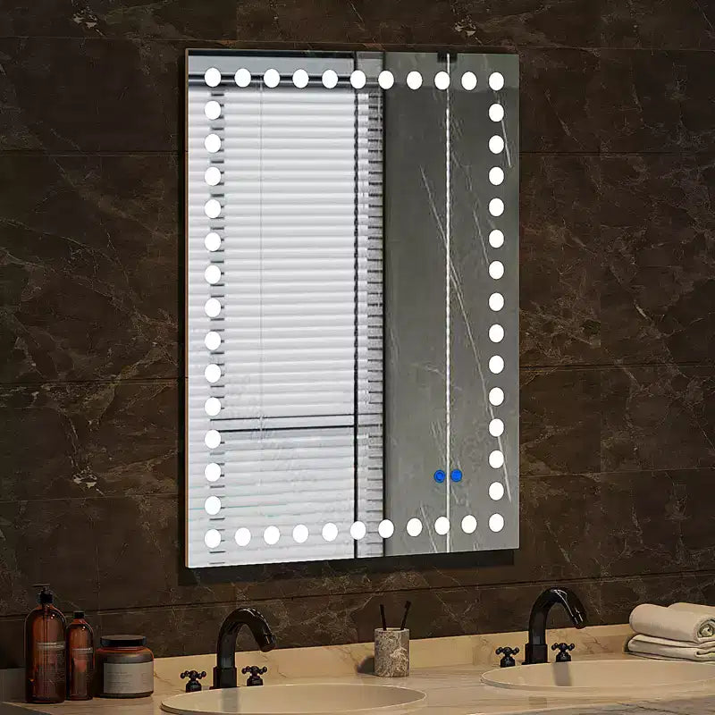 Miroir de salle de bain avec 3 lumières circulaires frontales blanches, miroir rectangulaire avec interrupteur tactile dimmable, anti-buée, mémoire, miroir mural de courtoisie incassable blanc