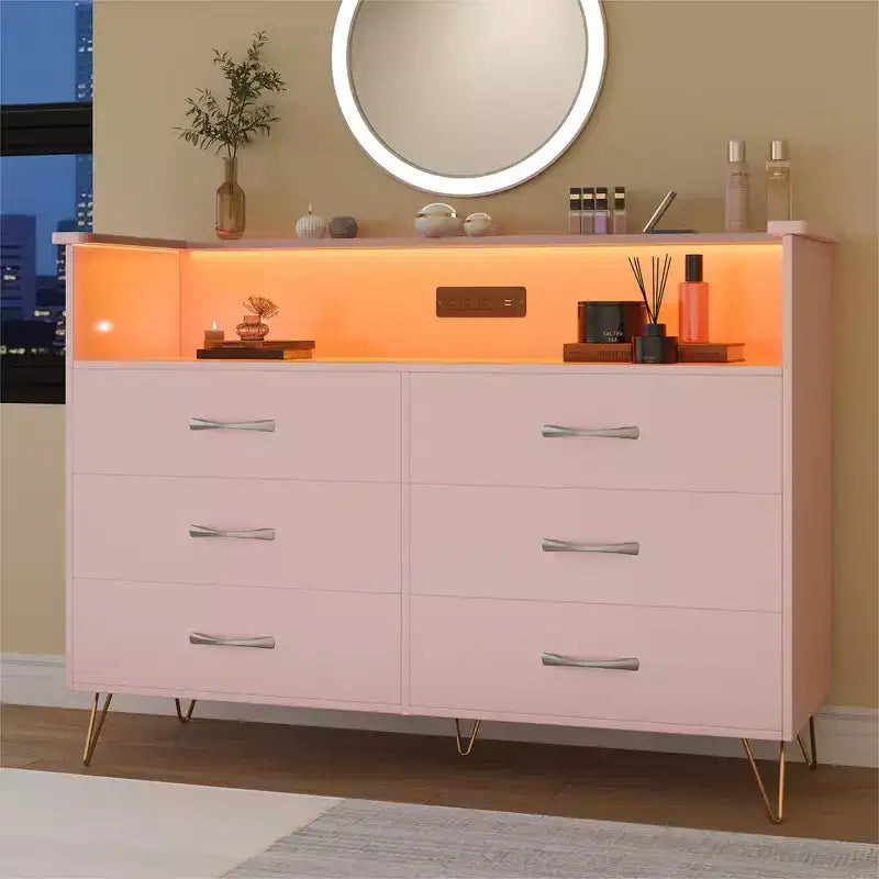 Commode de chambre avec lumières LED, commode à 6 tiroirs avec station de charge, commode de rangement en bois pour entrée