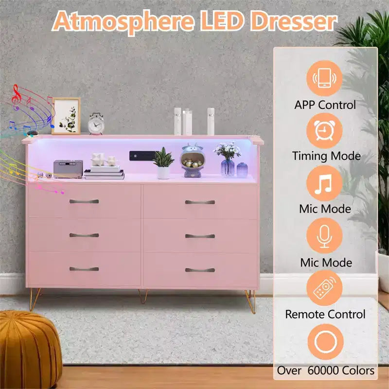 Commode de chambre avec lumières LED, commode à 6 tiroirs avec station de charge, commode de rangement en bois pour entrée
