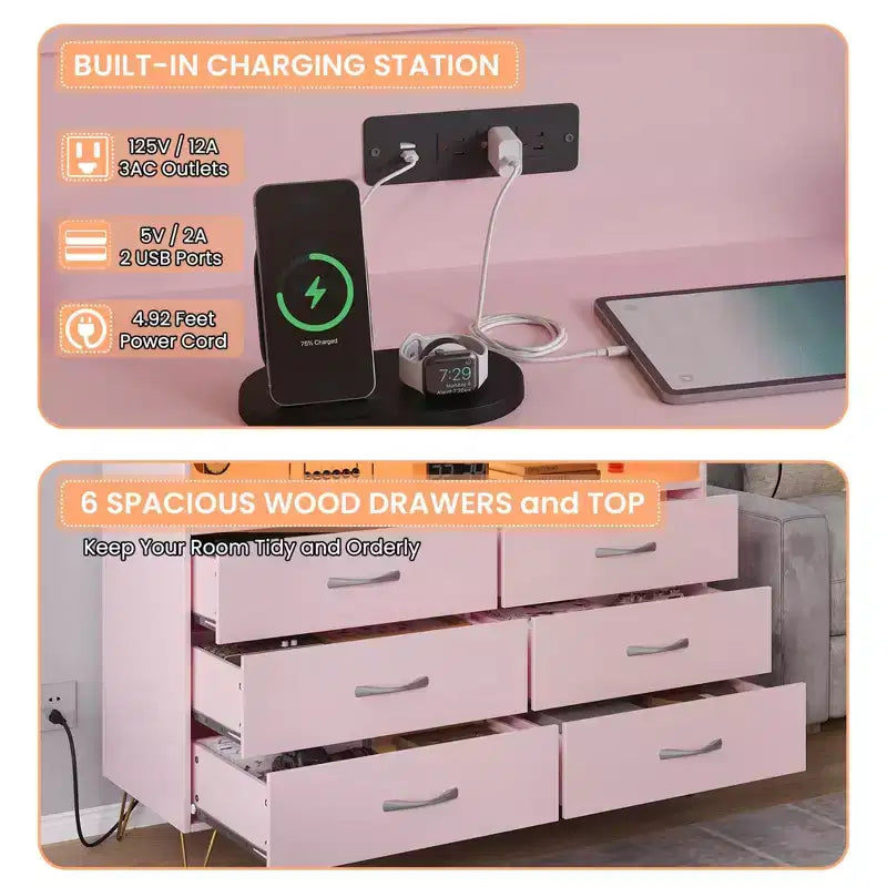 Commode de chambre avec lumières LED, commode à 6 tiroirs avec station de charge, commode de rangement en bois pour entrée