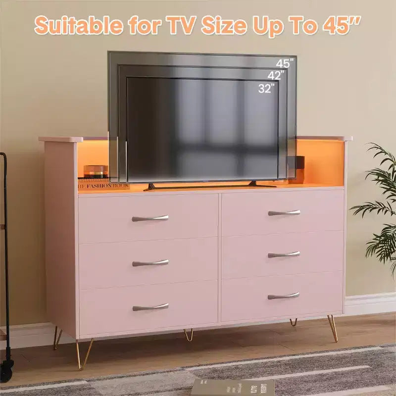 Commode de chambre avec lumières LED, commode à 6 tiroirs avec station de charge, commode de rangement en bois pour entrée