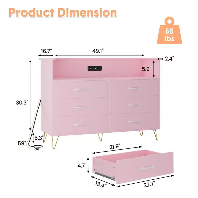 Commode de chambre avec lumières LED, commode à 6 tiroirs avec station de charge, commode de rangement en bois pour entrée