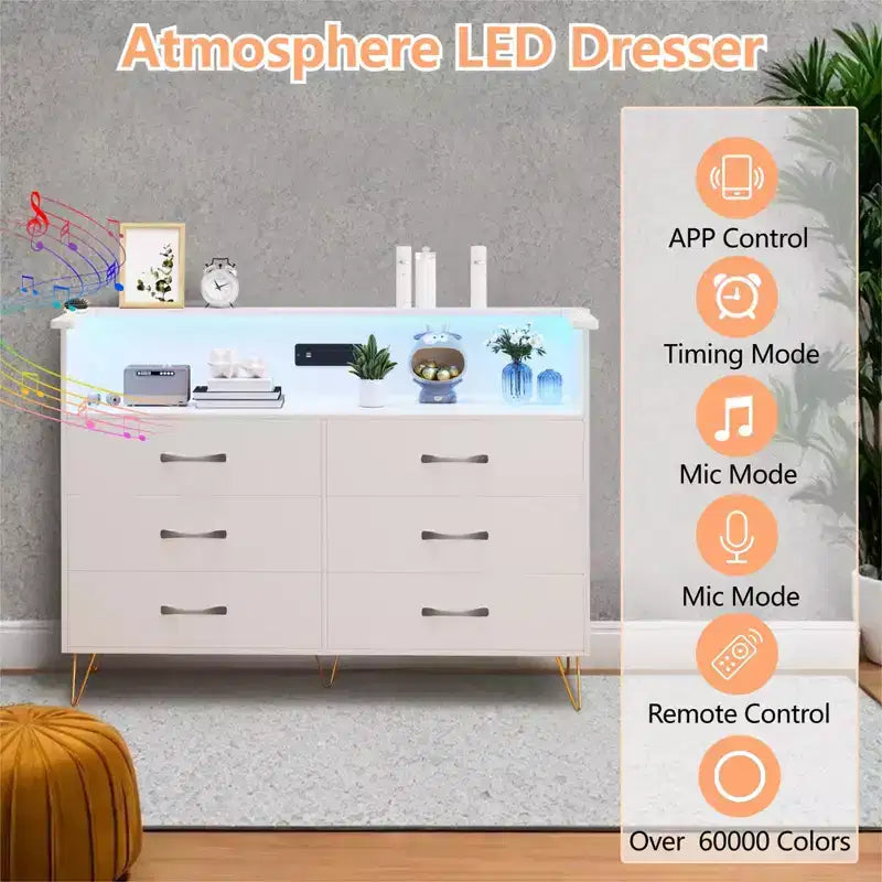 Commode de chambre avec lumières LED, commode à 6 tiroirs avec station de charge, commode de rangement en bois pour entrée