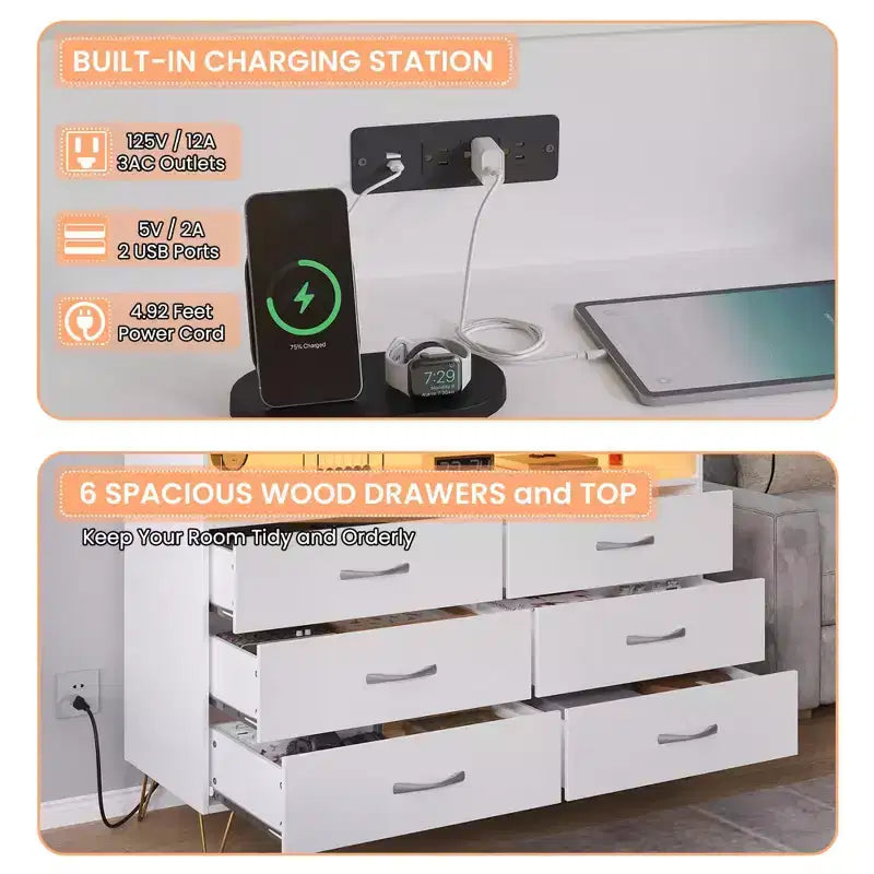 Commode de chambre avec lumières LED, commode à 6 tiroirs avec station de charge, commode de rangement en bois pour entrée