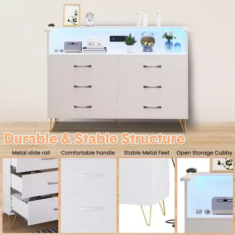 Commode de chambre avec lumières LED, commode à 6 tiroirs avec station de charge, commode de rangement en bois pour entrée