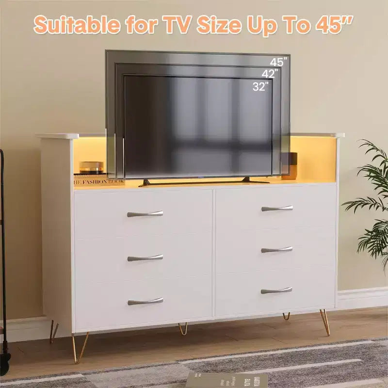 Commode de chambre avec lumières LED, commode à 6 tiroirs avec station de charge, commode de rangement en bois pour entrée