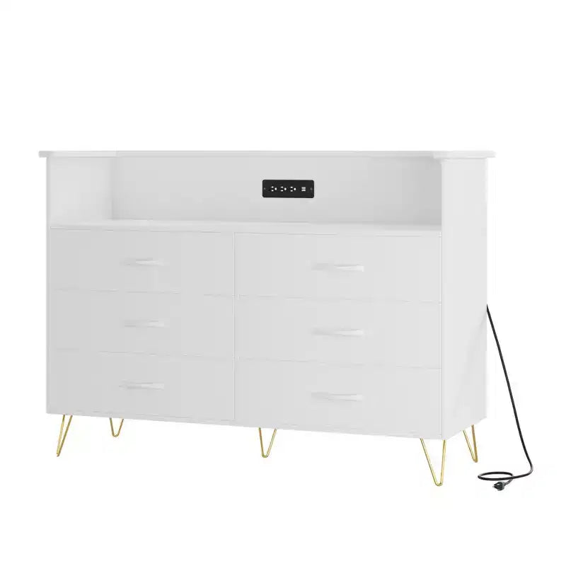 Commode de chambre avec lumières LED, commode à 6 tiroirs avec station de charge, commode de rangement en bois pour entrée