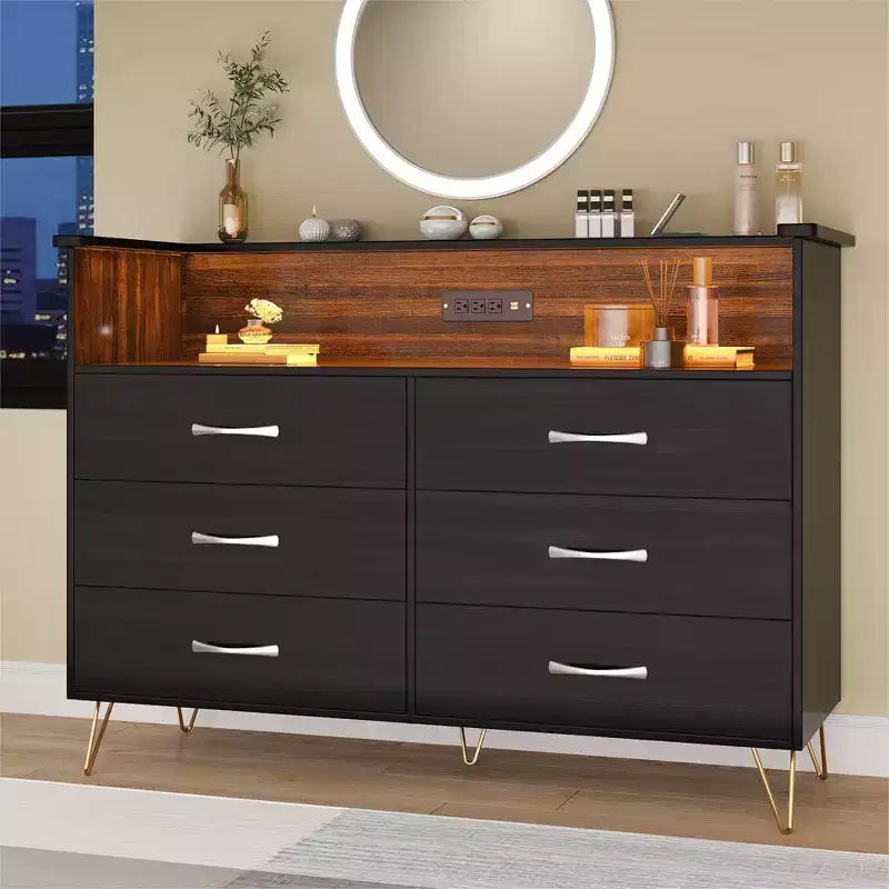 Commode de chambre avec lumières LED, commode à 6 tiroirs avec station de charge, commode de rangement en bois pour entrée