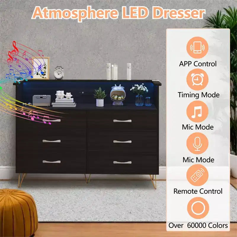 Commode de chambre avec lumières LED, commode à 6 tiroirs avec station de charge, commode de rangement en bois pour entrée