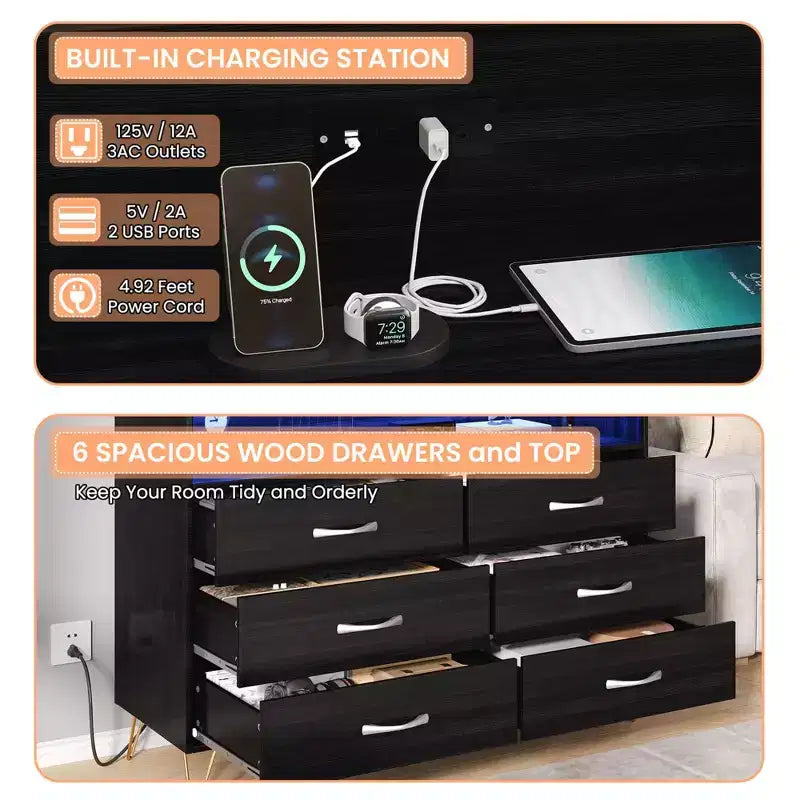Commode de chambre avec lumières LED, commode à 6 tiroirs avec station de charge, commode de rangement en bois pour entrée