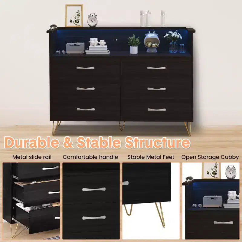 Commode de chambre avec lumières LED, commode à 6 tiroirs avec station de charge, commode de rangement en bois pour entrée