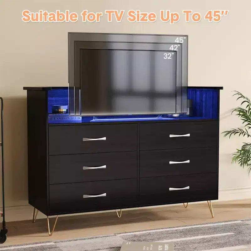 Commode de chambre avec lumières LED, commode à 6 tiroirs avec station de charge, commode de rangement en bois pour entrée