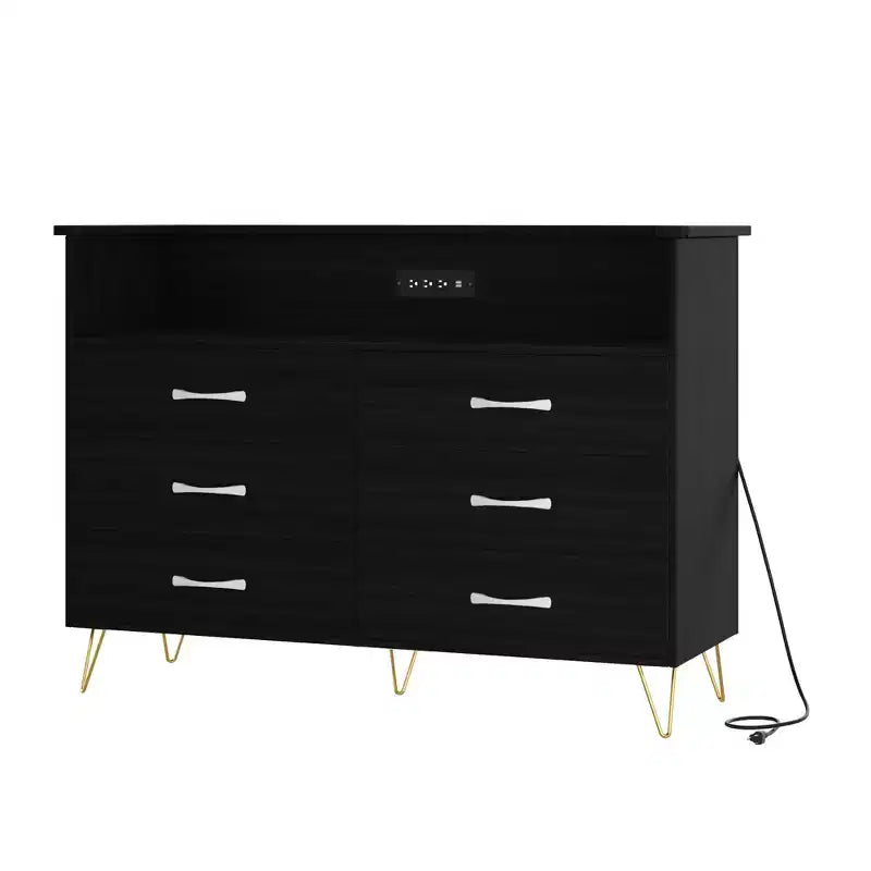 Commode de chambre avec lumières LED, commode à 6 tiroirs avec station de charge, commode de rangement en bois pour entrée