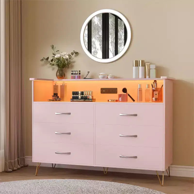 Commode de chambre avec lumières LED, commode à 6 tiroirs avec station de charge, commode de rangement en bois pour entrée
