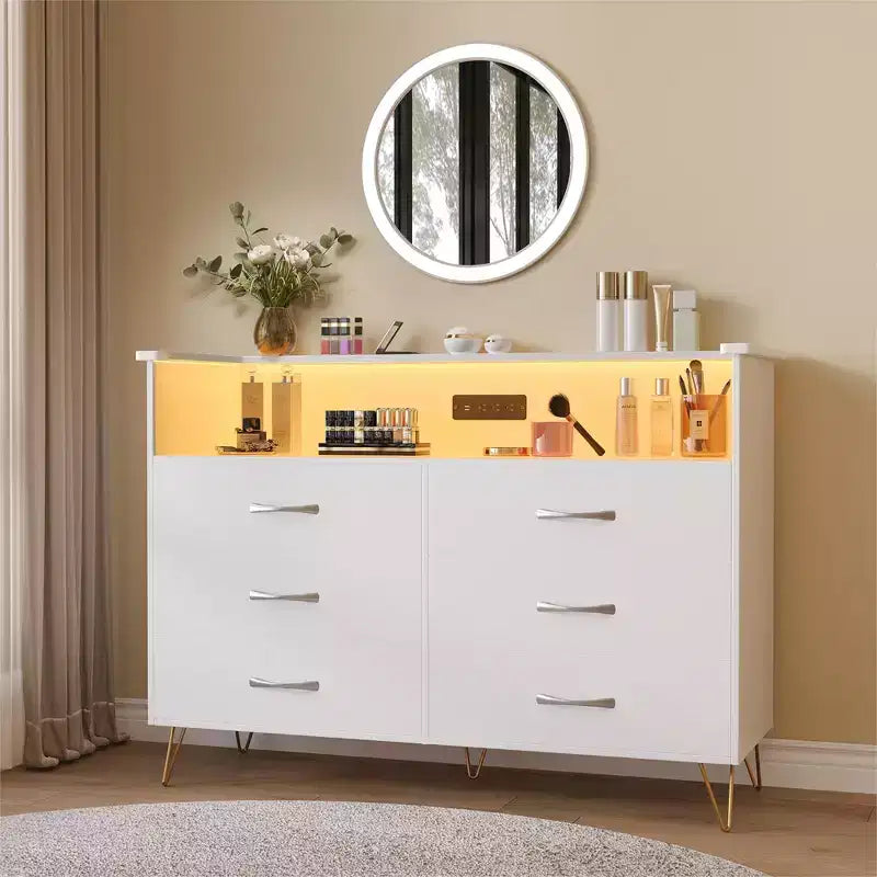 Commode de chambre avec lumières LED, commode à 6 tiroirs avec station de charge, commode de rangement en bois pour entrée