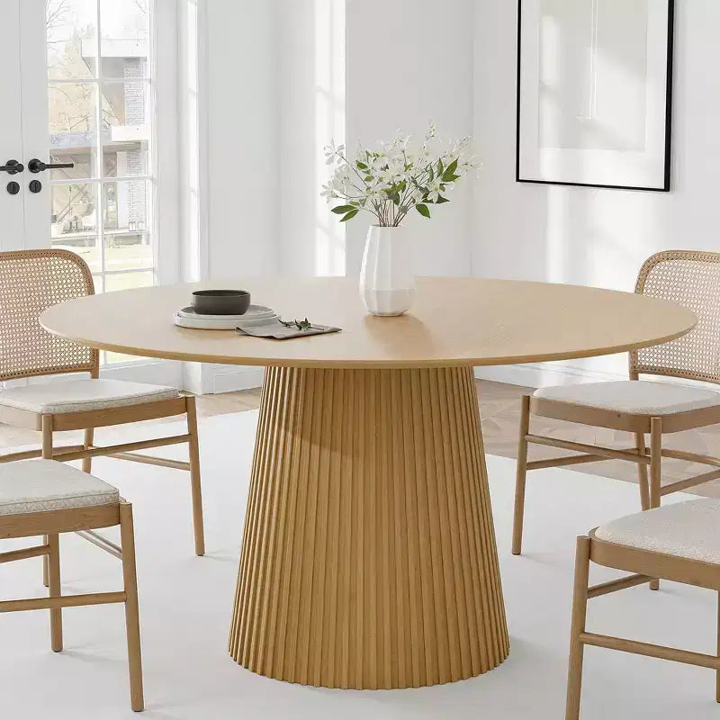 PexFix Table à manger ronde de 52 po pour 6 personnes, table à piédestal moderne avec base conique cannelée et plateau en MDF de bois, pour petits espaces, cuisine, salle à manger, café, naturelle