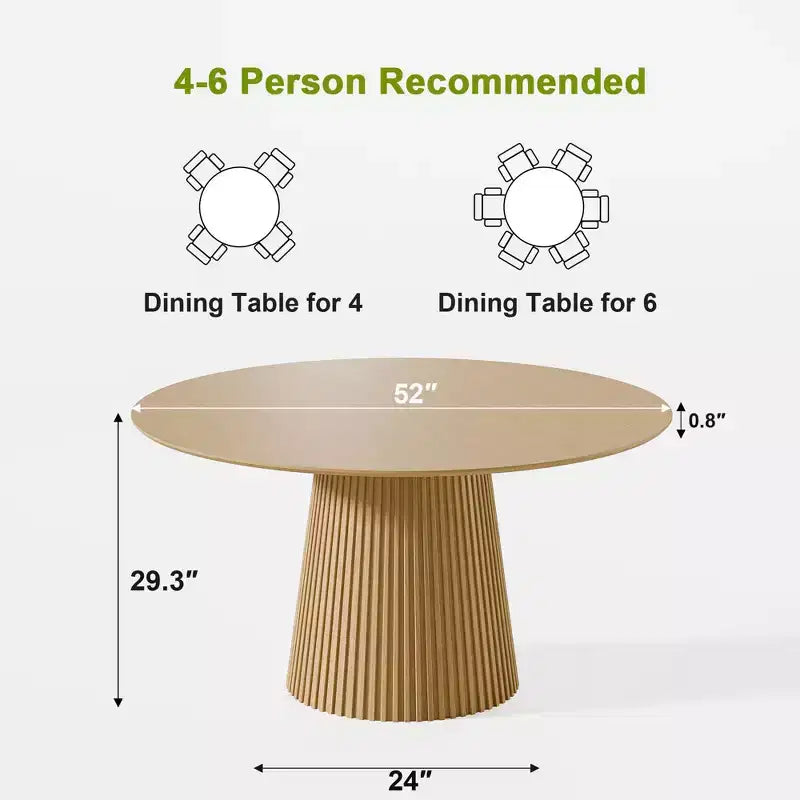 PexFix Table à manger ronde de 52 po pour 6 personnes, table à piédestal moderne avec base conique cannelée et plateau en MDF de bois, pour petits espaces, cuisine, salle à manger, café, naturelle