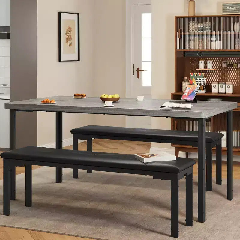 Ensemble Table à Manger pour 4, Table de Cuisine avec 2 Bancs, Cadre en Métal, Ensembles de Salle à Manger Gain de Place pour Cuisine, Salle à Manger