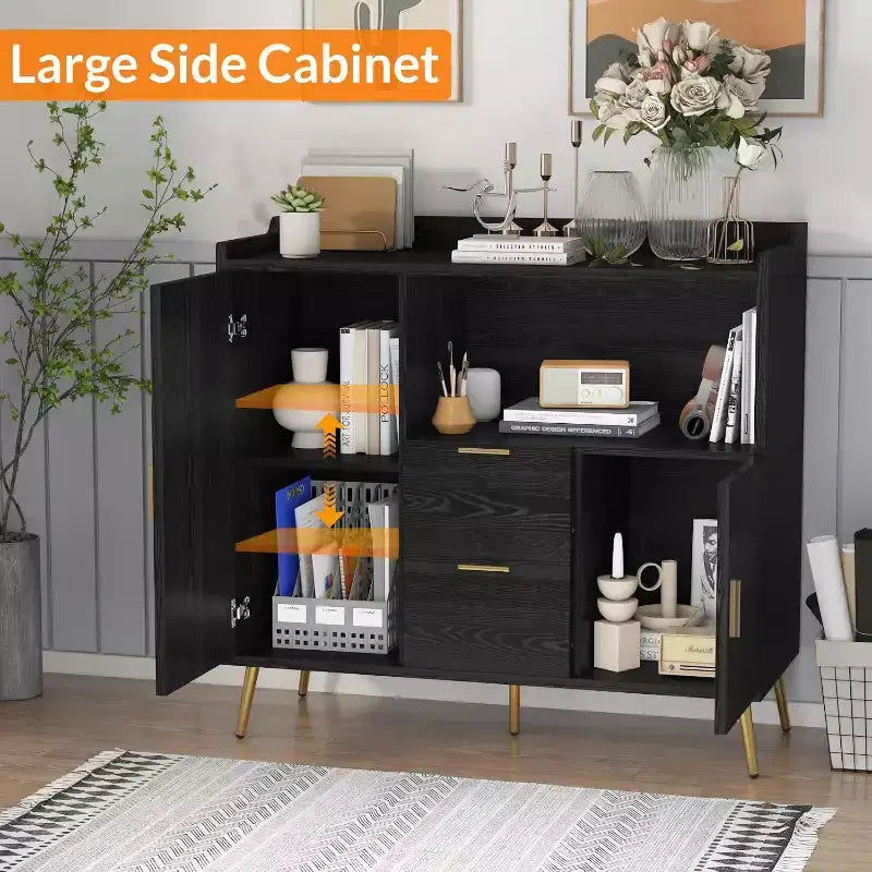 Meuble de rangement blanc moderne - Buffet 2 tiroirs et 2 portes pour cuisine et salon