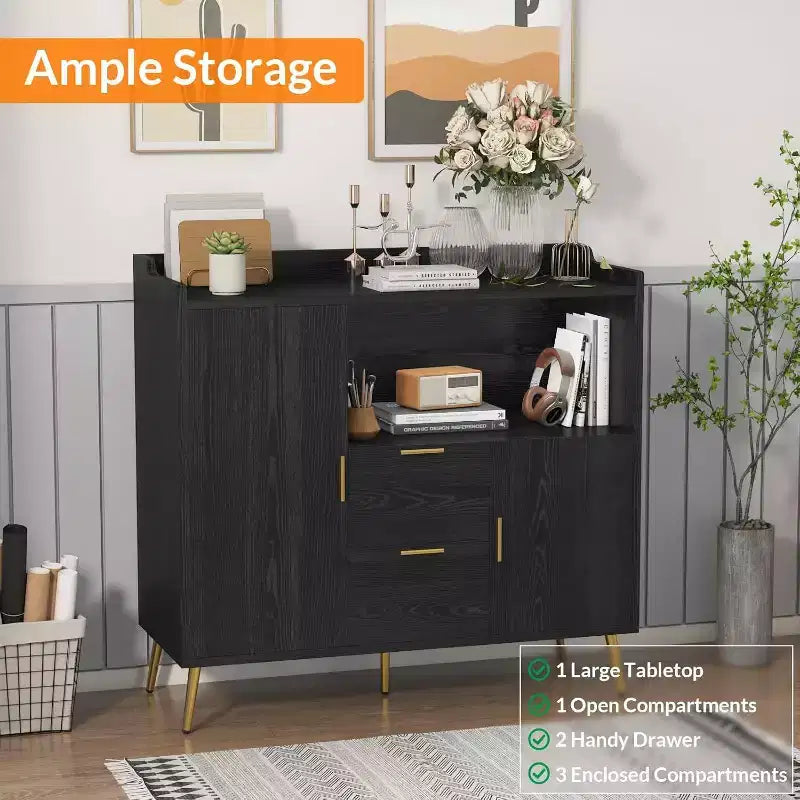 Meuble de rangement blanc moderne - Buffet 2 tiroirs et 2 portes pour cuisine et salon