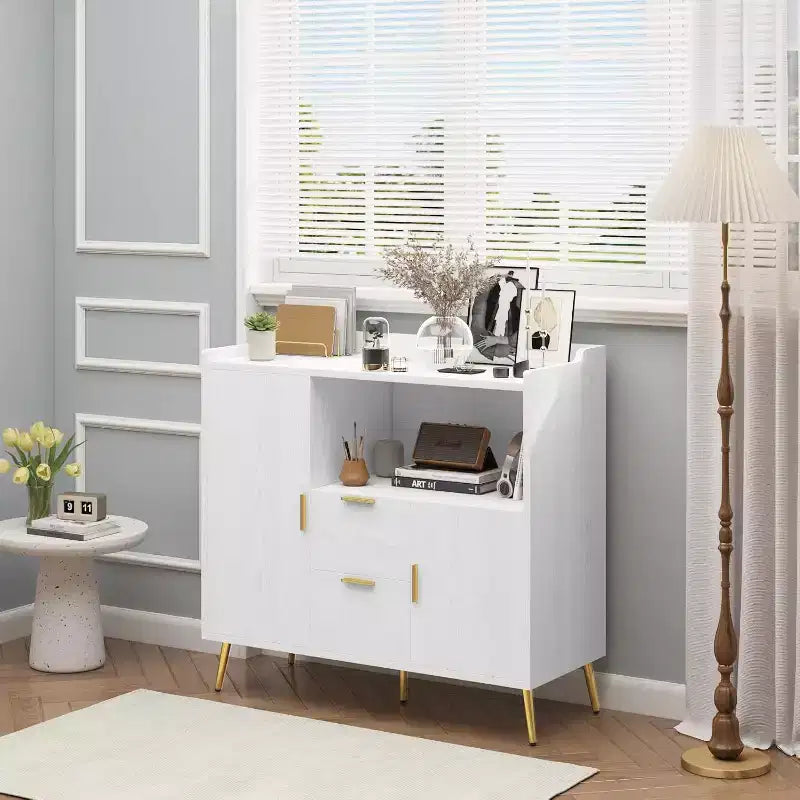 Meuble de rangement blanc moderne - Buffet 2 tiroirs et 2 portes pour cuisine et salon