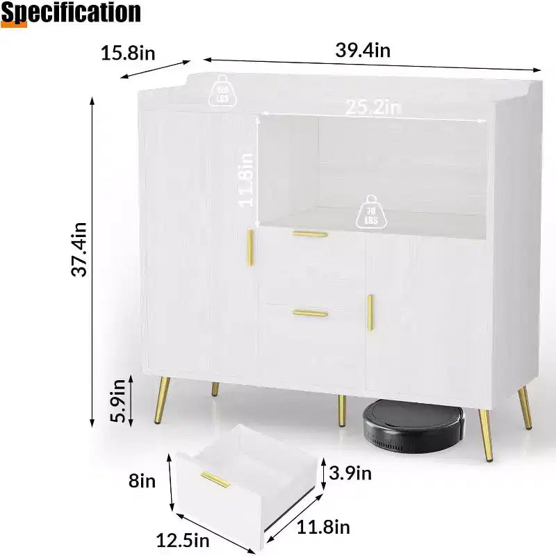 Meuble de rangement blanc moderne - Buffet 2 tiroirs et 2 portes pour cuisine et salon