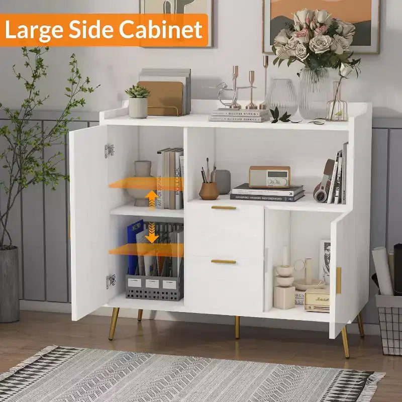 Meuble de rangement blanc moderne - Buffet 2 tiroirs et 2 portes pour cuisine et salon