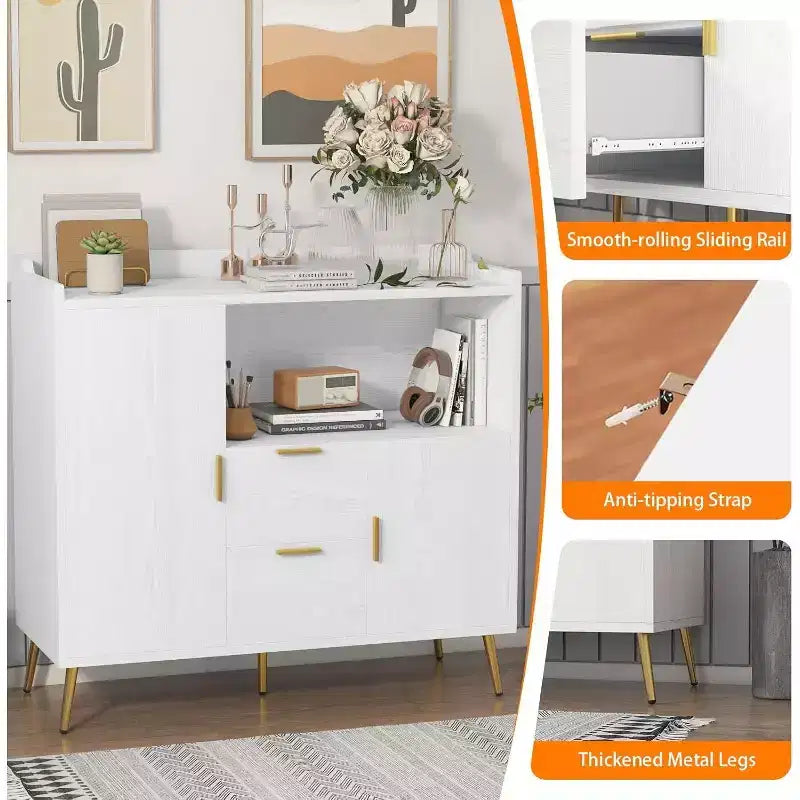 Meuble de rangement blanc moderne - Buffet 2 tiroirs et 2 portes pour cuisine et salon