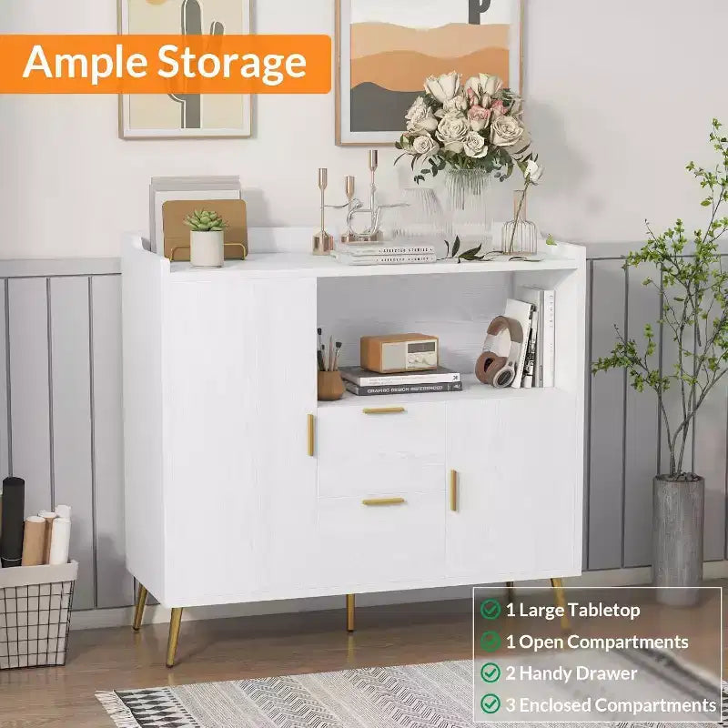 Meuble de rangement blanc moderne - Buffet 2 tiroirs et 2 portes pour cuisine et salon