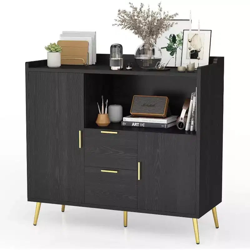 Meuble de rangement blanc moderne - Buffet 2 tiroirs et 2 portes pour cuisine et salon
