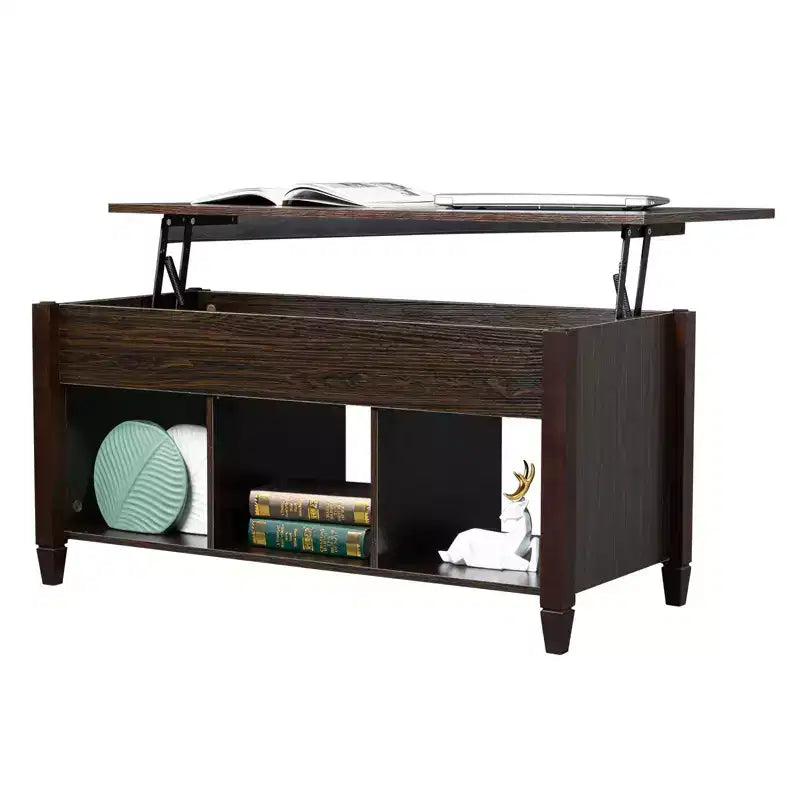 Table basse relevable Karl Home Lift, meuble moderne avec compartiment caché et plateau relevable, marron