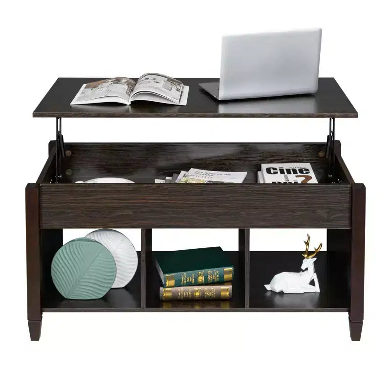 Table basse relevable Karl Home Lift, meuble moderne avec compartiment caché et plateau relevable, marron