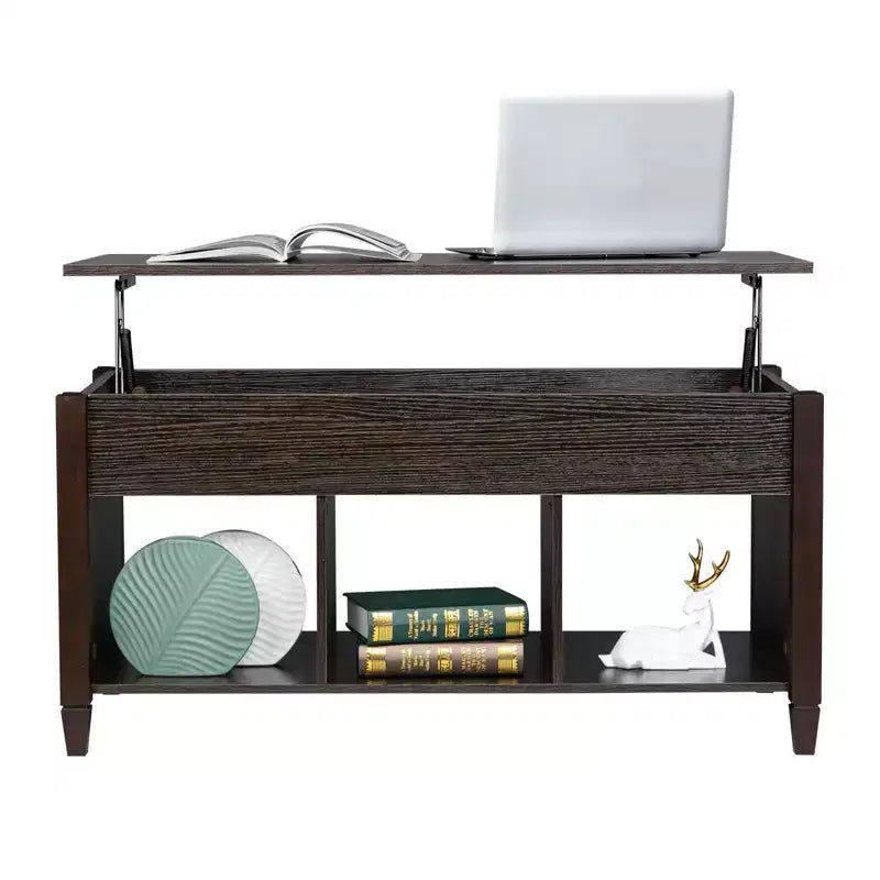 Table basse relevable Karl Home Lift, meuble moderne avec compartiment caché et plateau relevable, marron