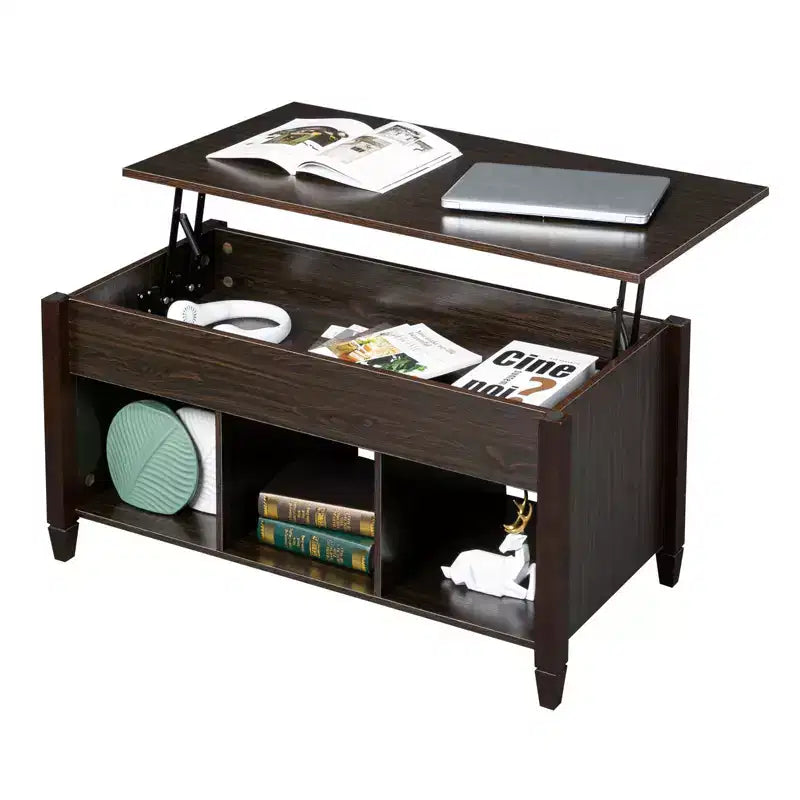 Table basse relevable Karl Home Lift, meuble moderne avec compartiment caché et plateau relevable, marron