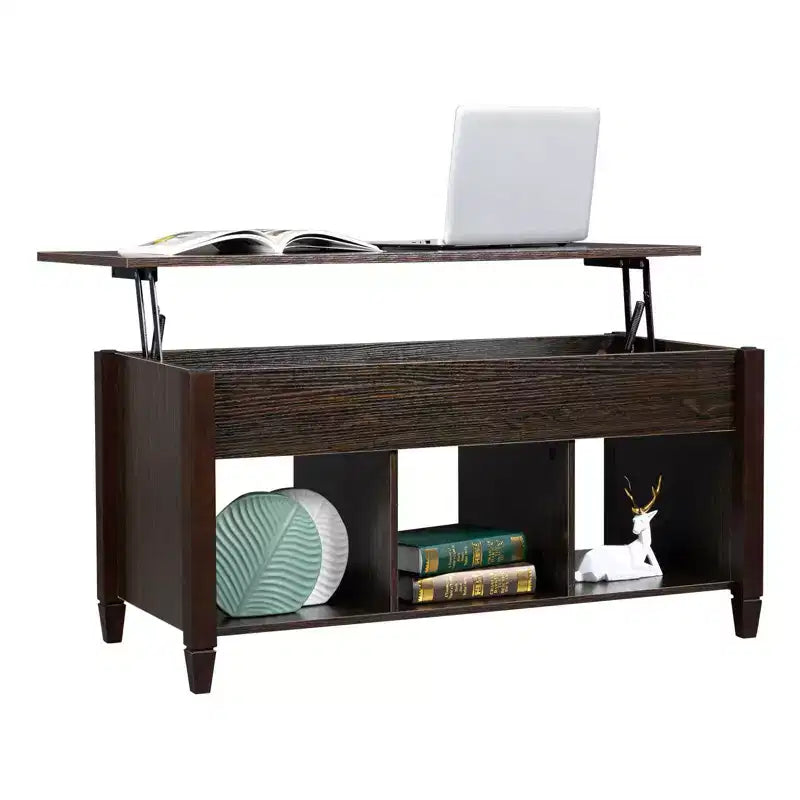 Table basse relevable Karl Home Lift, meuble moderne avec compartiment caché et plateau relevable, marron