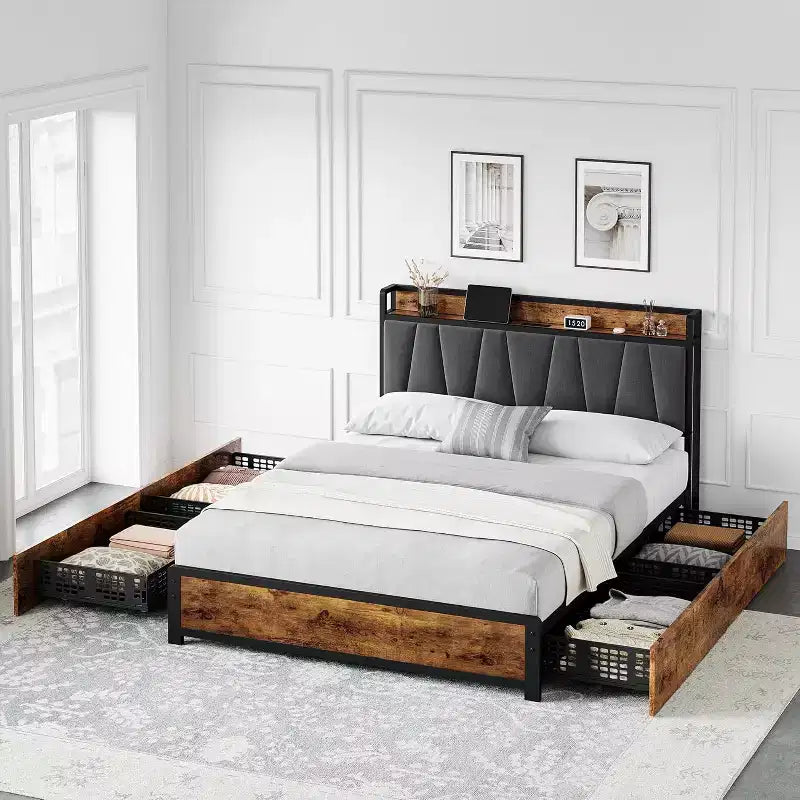 Cadre de lit King size avec 4 tiroirs de rangement, lit plateforme avec tête de lit chargée, robuste et stable, silencieux, pas besoin de sommier tapissier, facile à installer