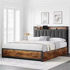 Cadre de lit King size avec 4 tiroirs de rangement, lit plateforme avec tête de lit chargée, robuste et stable, silencieux, pas besoin de sommier tapissier, facile à installer