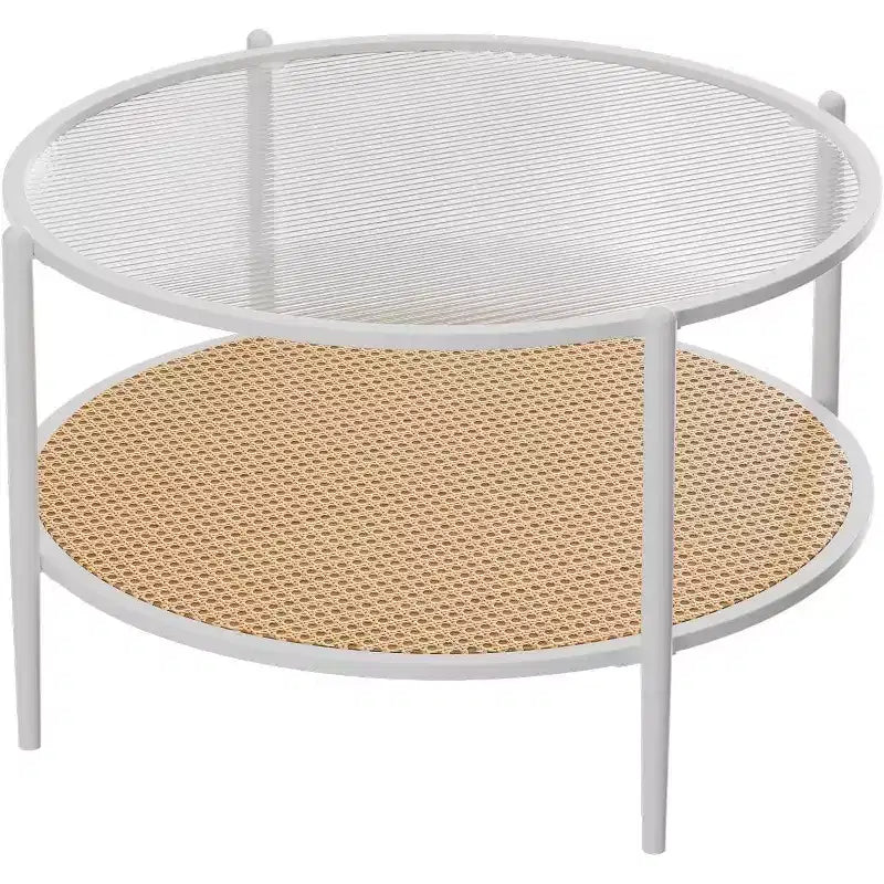 Table basse ronde Acekool Boho, plateau en verre ondulé de 30 po, rangement à 2 niveaux en rotin synthétique, cadre en métal