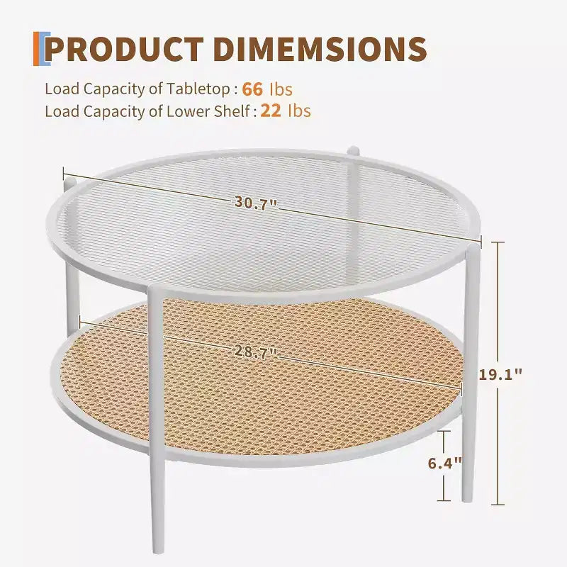 Table basse ronde Acekool Boho, plateau en verre ondulé de 30 po, rangement à 2 niveaux en rotin synthétique, cadre en métal