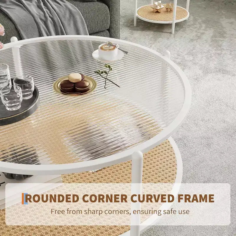 Table basse ronde Acekool Boho, plateau en verre ondulé de 30 po, rangement à 2 niveaux en rotin synthétique, cadre en métal
