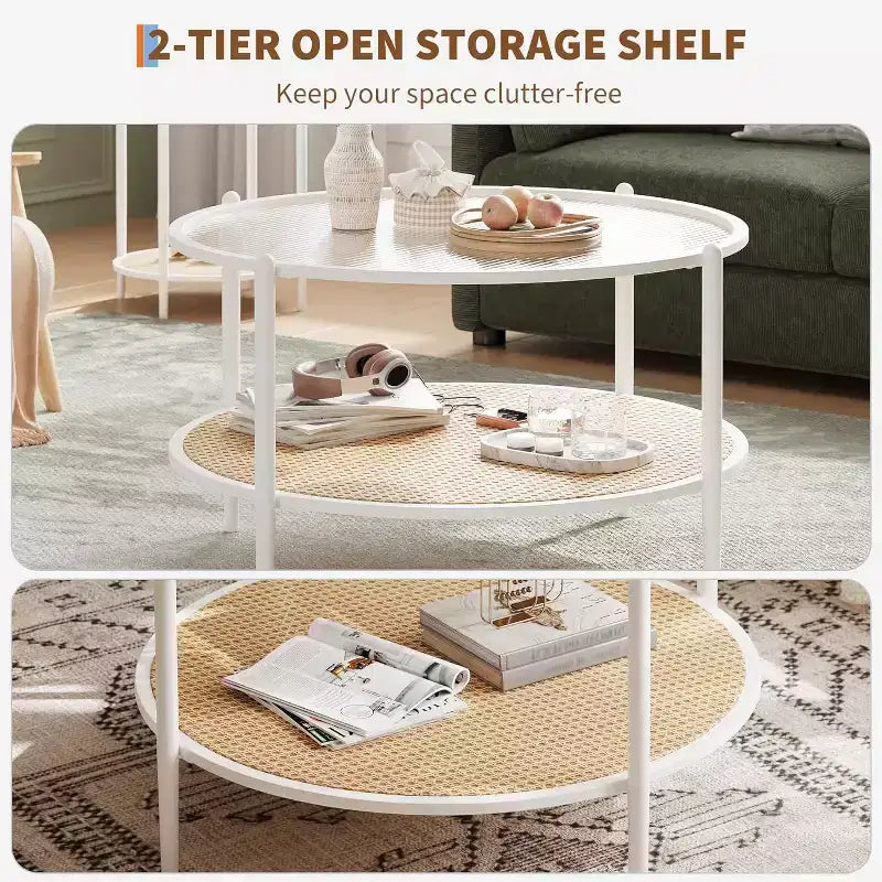 Table basse ronde Acekool Boho, plateau en verre ondulé de 30 po, rangement à 2 niveaux en rotin synthétique, cadre en métal